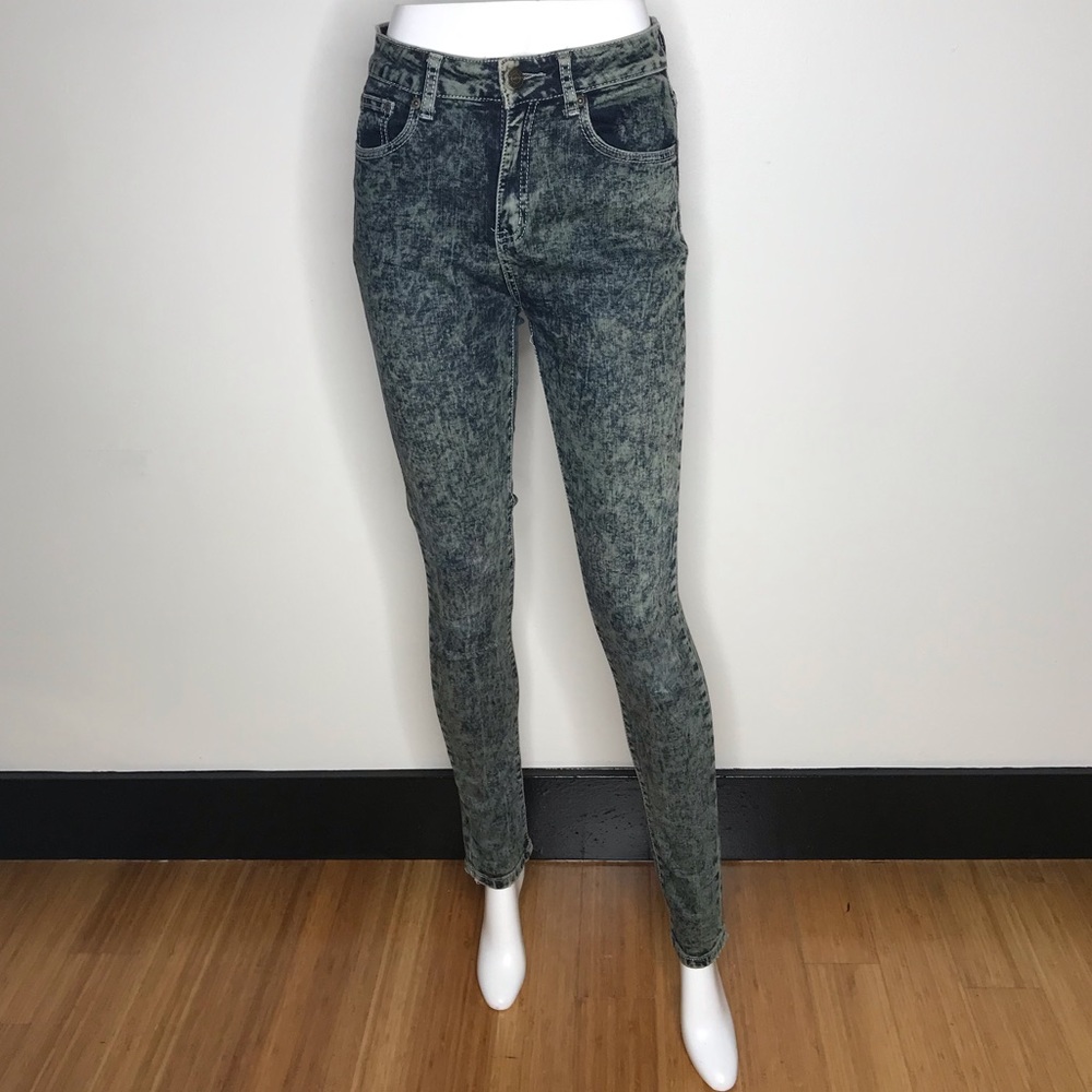 High-waist, blue-green acid wash, skinny jeans 5/6